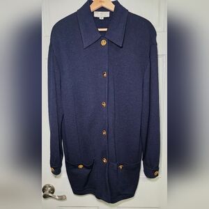 St. John Collection Santana Knit Gold Tone Logo Button Knit Blazer-Med VINTAGE